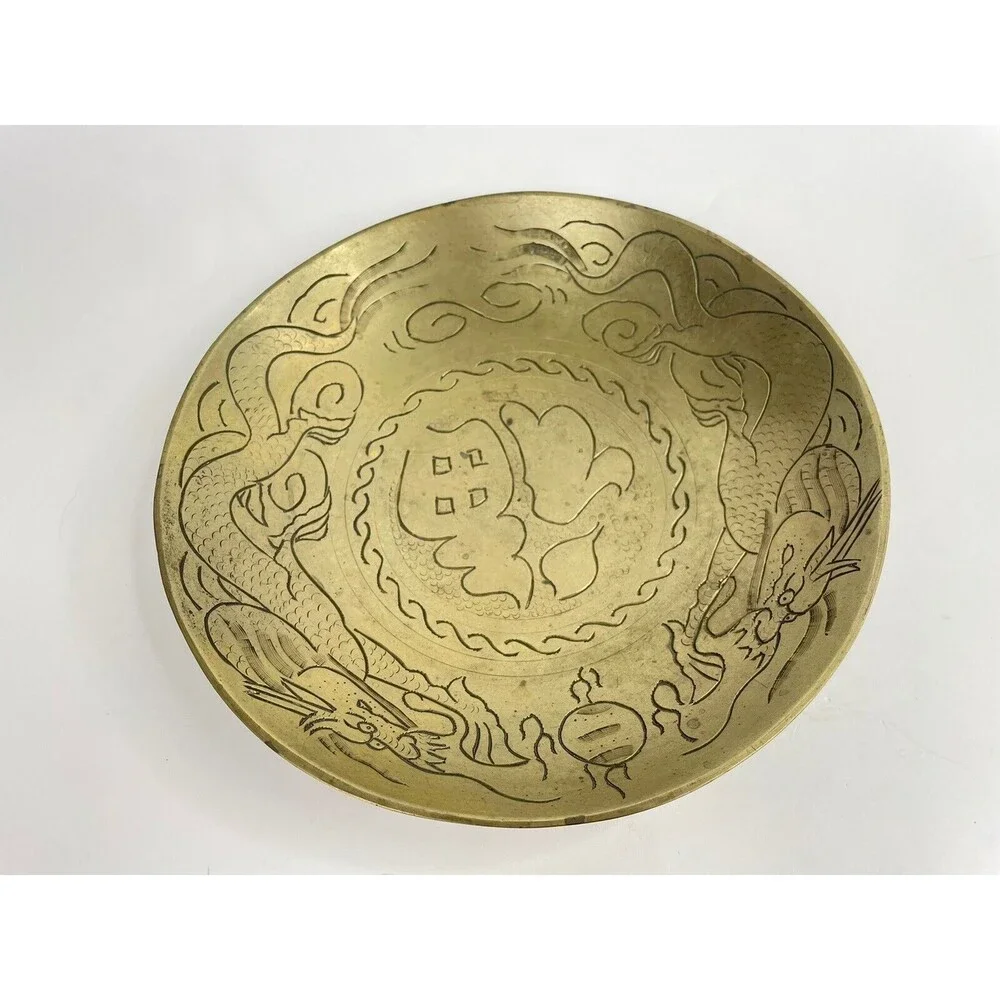 Antique Vintage Chinese Brass Bowl 2 Dragons Engraved Design 9 “ Diameter